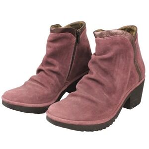 Fly London Wego Purple Burgundy Suede Ruched Ankle Boots EU 38 US 7.5-8